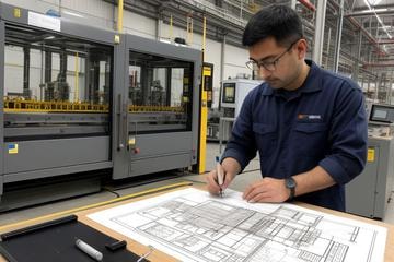 Manufacturing worker reviewing blueprints at a workstation